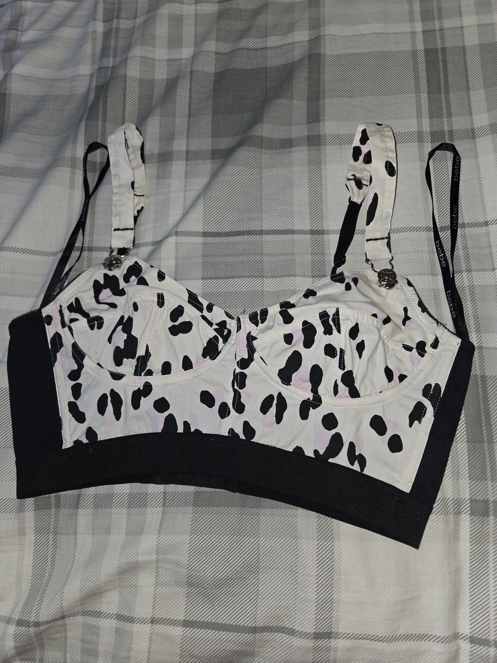 bebe White and Black Spot Print Crop Top with Pink Accents